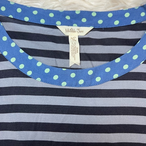 Matilda Jane Size Medium Top Blue Gray Stripe Polka Dot‎ Let's Get Lost Peplum - Picture 4 of 5